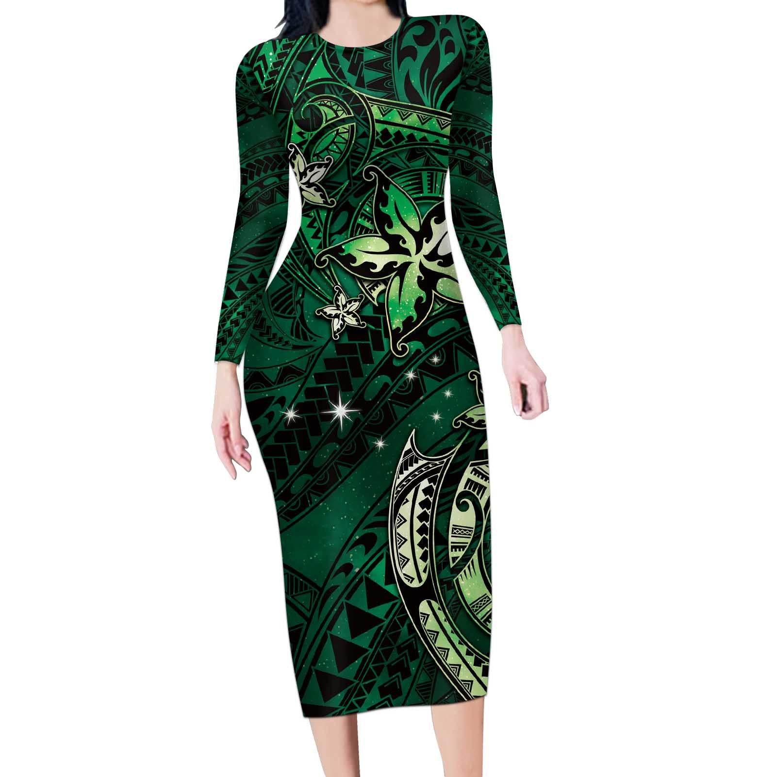 Hawaii Makahiki Season Long Sleeve Bodycon Dress Floral Tribal Tattoo Green Galaxy