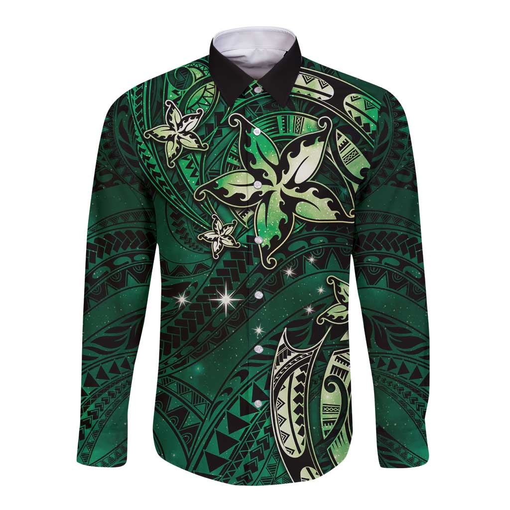 Hawaii Makahiki Season Long Sleeve Button Shirt Floral Tribal Tattoo Green Galaxy