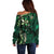 Hawaii Makahiki Season Off Shoulder Sweater Floral Tribal Tattoo Green Galaxy