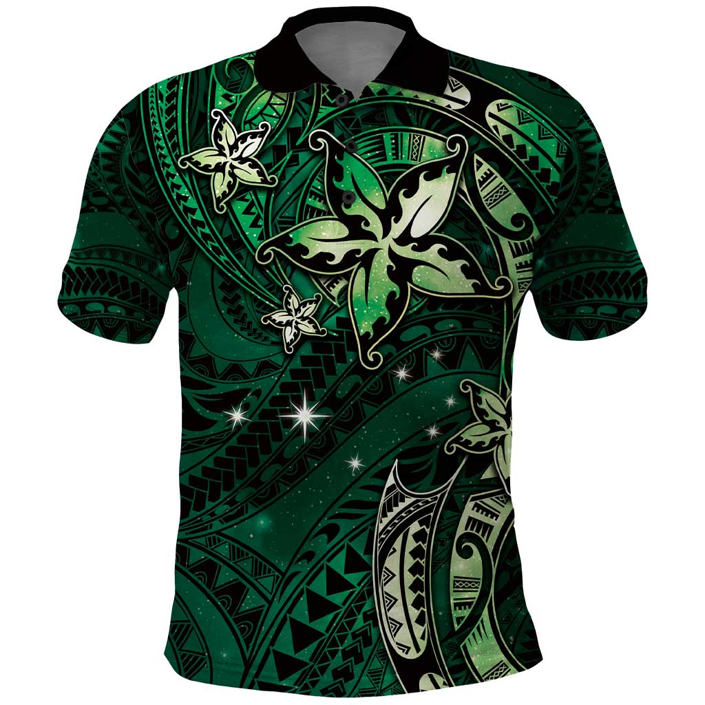 Hawaii Makahiki Season Polo Shirt Floral Tribal Tattoo Green Galaxy