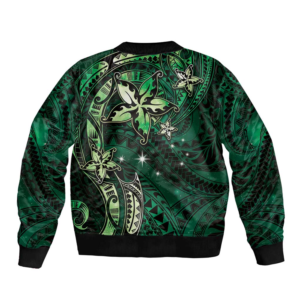 Hawaii Makahiki Season Sleeve Zip Bomber Jacket Floral Tribal Tattoo Green Galaxy