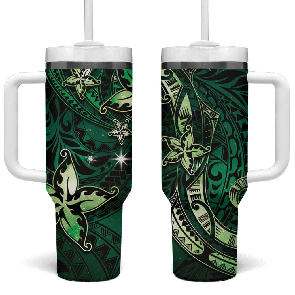 Hawaii Makahiki Season Tumbler With Handle Floral Tribal Tattoo Green Galaxy