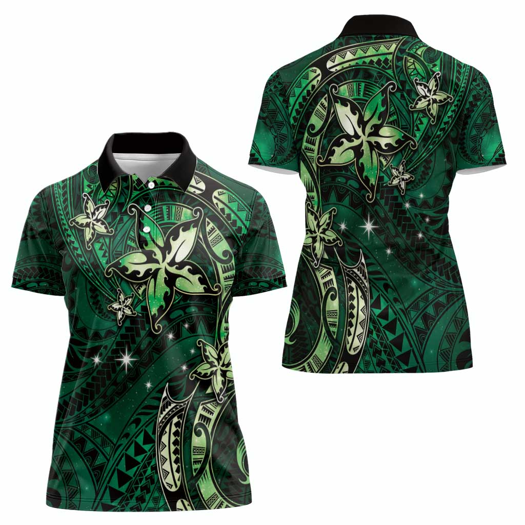 Hawaii Makahiki Season Women Polo Shirt Floral Tribal Tattoo Green Galaxy