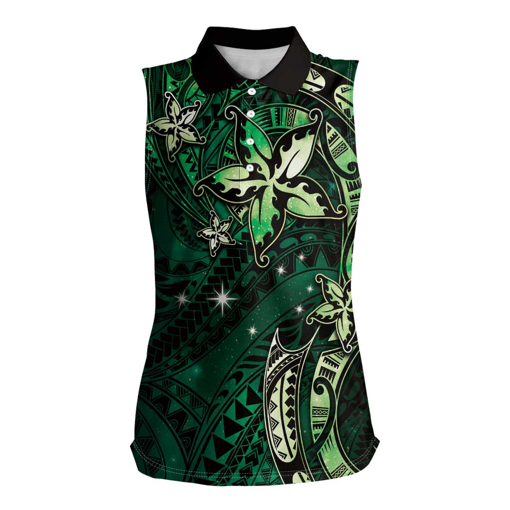 Hawaii Makahiki Season Women Sleeveless Polo Shirt Floral Tribal Tattoo Green Galaxy