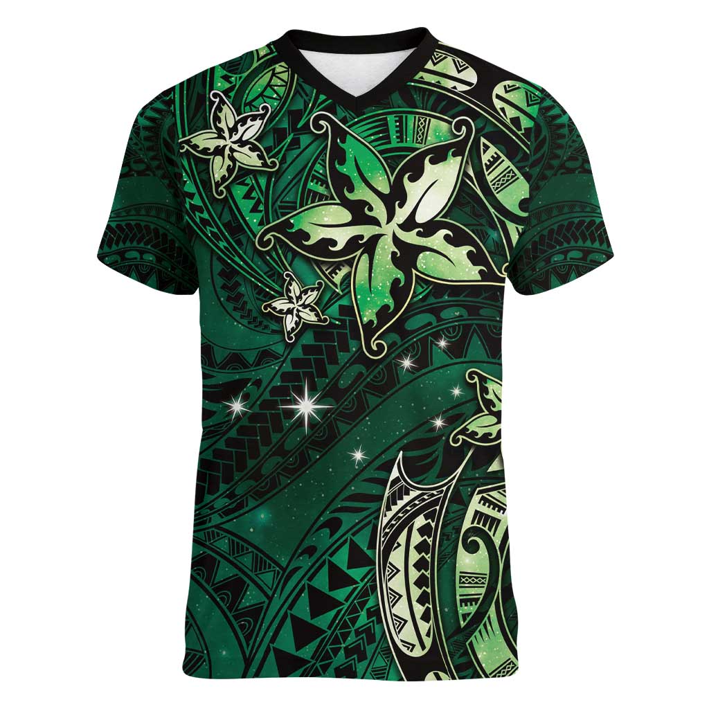 Hawaii Makahiki Season Women V-Neck T-Shirt Floral Tribal Tattoo Green Galaxy LT05 Female Green - Polynesian Pride