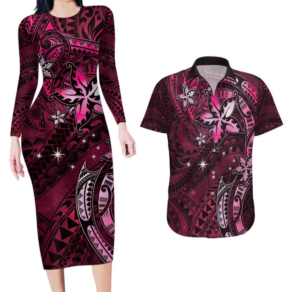 Hawaii Makahiki Season Couples Matching Long Sleeve Bodycon Dress and Hawaiian Shirt Floral Tribal Tattoo Pink Galaxy