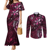 Hawaii Makahiki Season Couples Matching Mermaid Dress and Long Sleeve Button Shirt Floral Tribal Tattoo Pink Galaxy