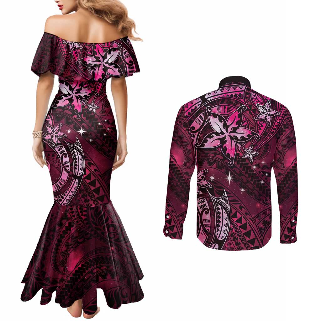 Hawaii Makahiki Season Couples Matching Mermaid Dress and Long Sleeve Button Shirt Floral Tribal Tattoo Pink Galaxy