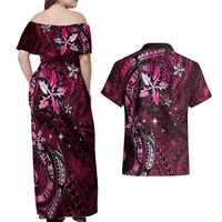 Hawaii Makahiki Season Couples Matching Off Shoulder Maxi Dress and Hawaiian Shirt Floral Tribal Tattoo Pink Galaxy