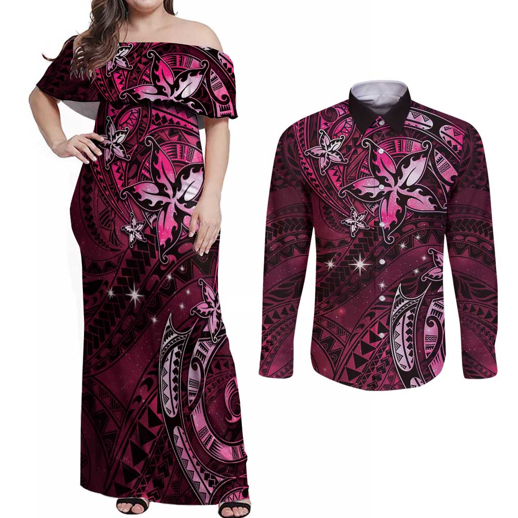 Hawaii Makahiki Season Couples Matching Off Shoulder Maxi Dress and Long Sleeve Button Shirt Floral Tribal Tattoo Pink Galaxy