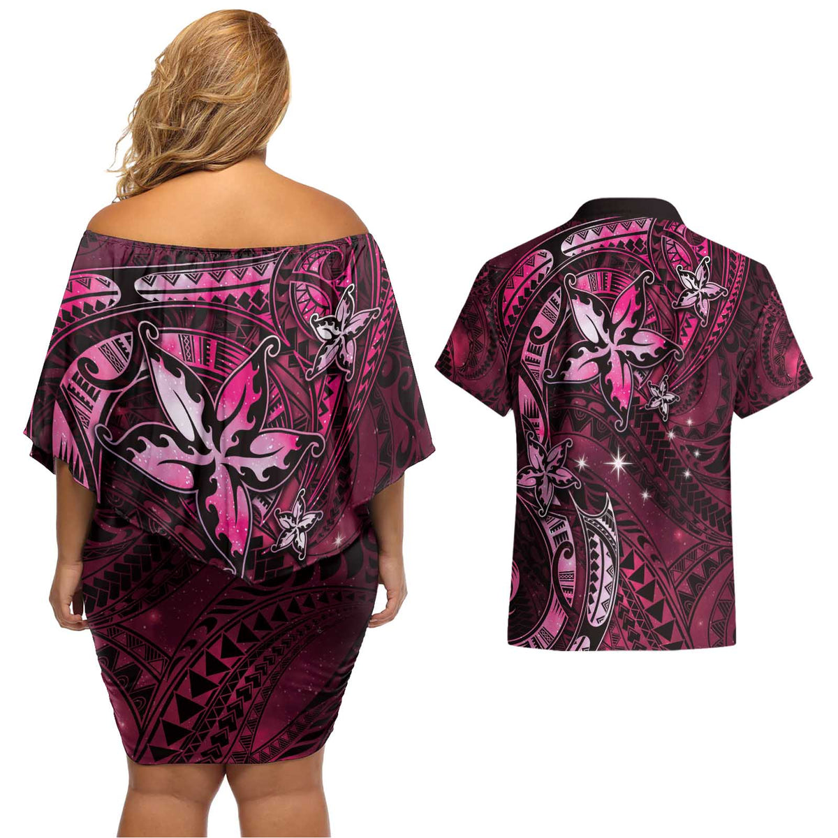 Hawaii Makahiki Season Couples Matching Off Shoulder Short Dress and Hawaiian Shirt Floral Tribal Tattoo Pink Galaxy