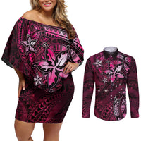 Hawaii Makahiki Season Couples Matching Off Shoulder Short Dress and Long Sleeve Button Shirt Floral Tribal Tattoo Pink Galaxy