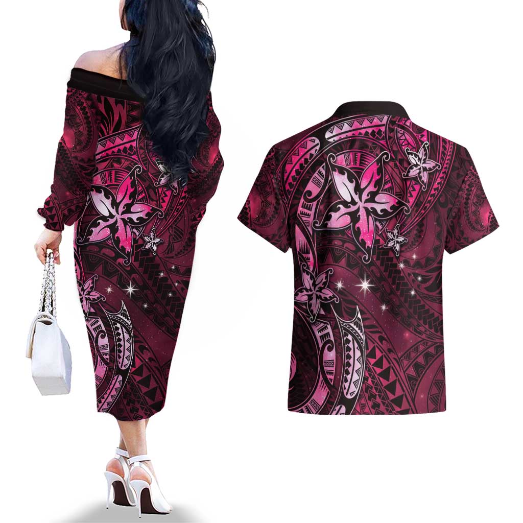 Hawaii Makahiki Season Couples Matching Off The Shoulder Long Sleeve Dress and Hawaiian Shirt Floral Tribal Tattoo Pink Galaxy