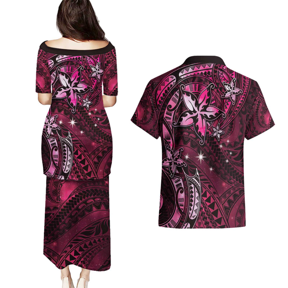 Hawaii Makahiki Season Couples Matching Puletasi and Hawaiian Shirt Floral Tribal Tattoo Pink Galaxy