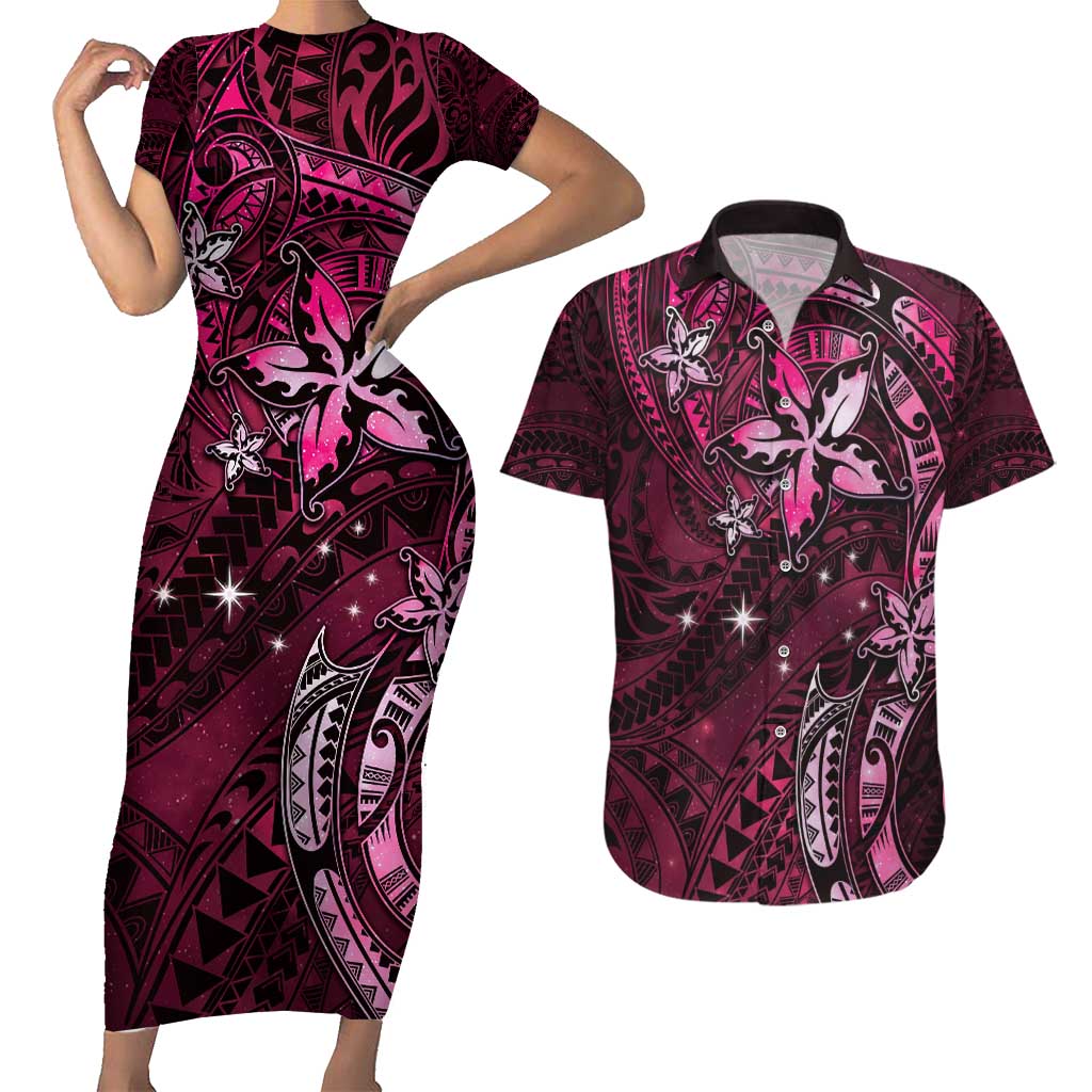 Hawaii Makahiki Season Couples Matching Short Sleeve Bodycon Dress and Hawaiian Shirt Floral Tribal Tattoo Pink Galaxy LT05 Pink - Polynesian Pride