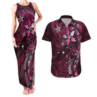 Hawaii Makahiki Season Couples Matching Tank Maxi Dress and Hawaiian Shirt Floral Tribal Tattoo Pink Galaxy