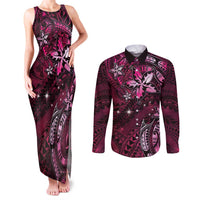Hawaii Makahiki Season Couples Matching Tank Maxi Dress and Long Sleeve Button Shirt Floral Tribal Tattoo Pink Galaxy