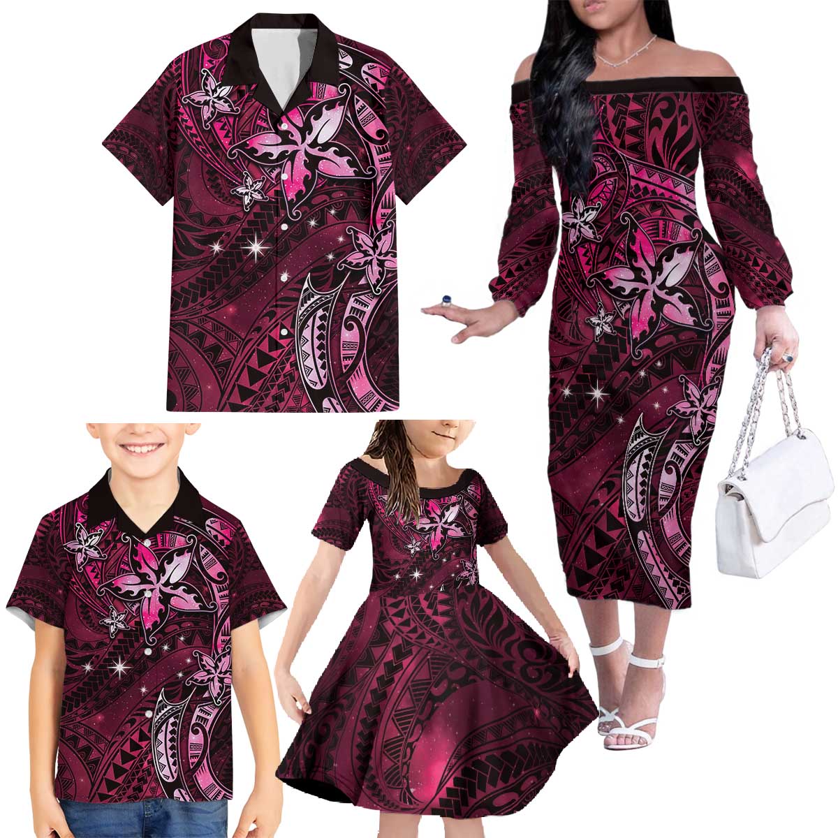 Hawaii Makahiki Season Family Matching Off The Shoulder Long Sleeve Dress and Hawaiian Shirt Floral Tribal Tattoo Pink Galaxy