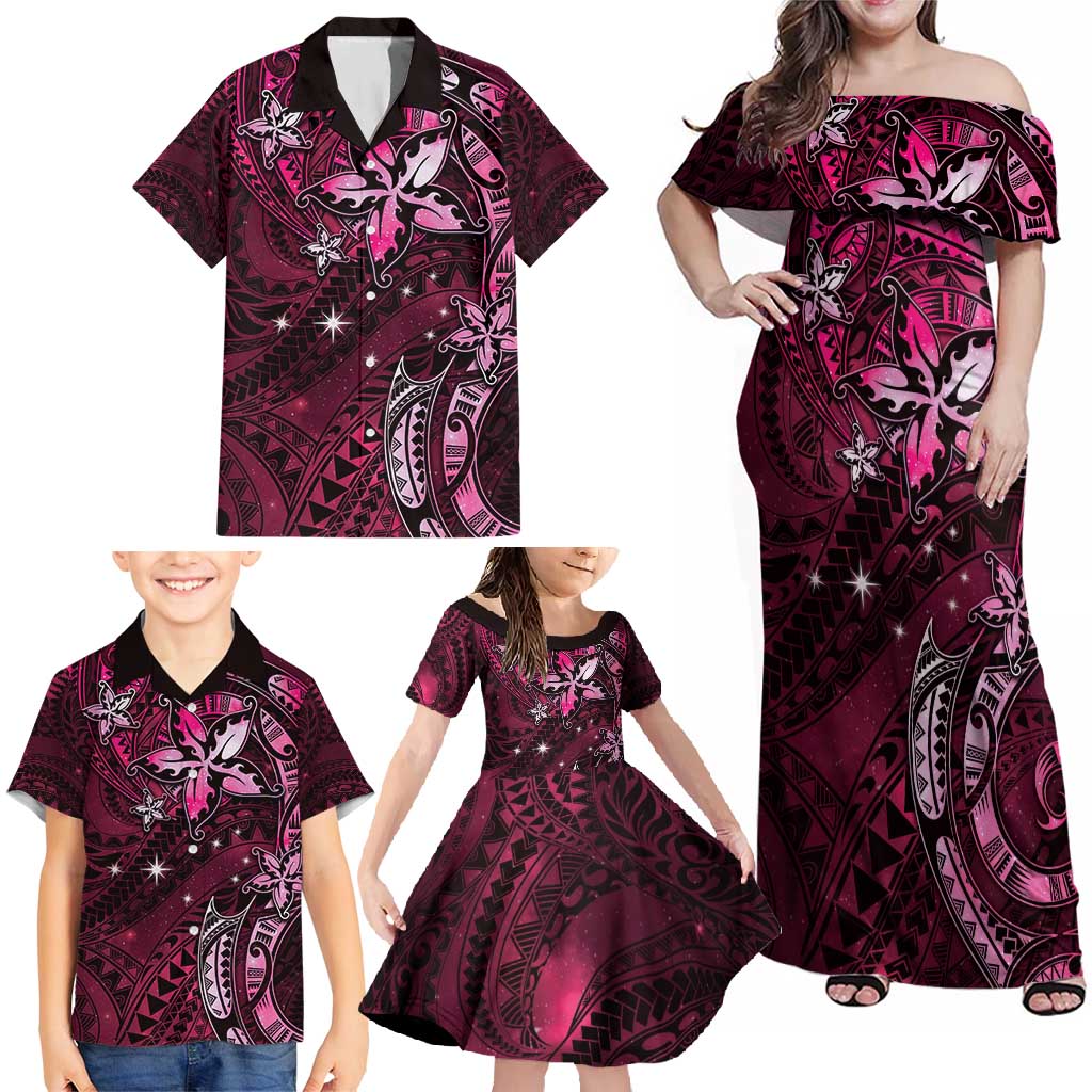 Hawaii Makahiki Season Family Matching Off Shoulder Maxi Dress and Hawaiian Shirt Floral Tribal Tattoo Pink Galaxy