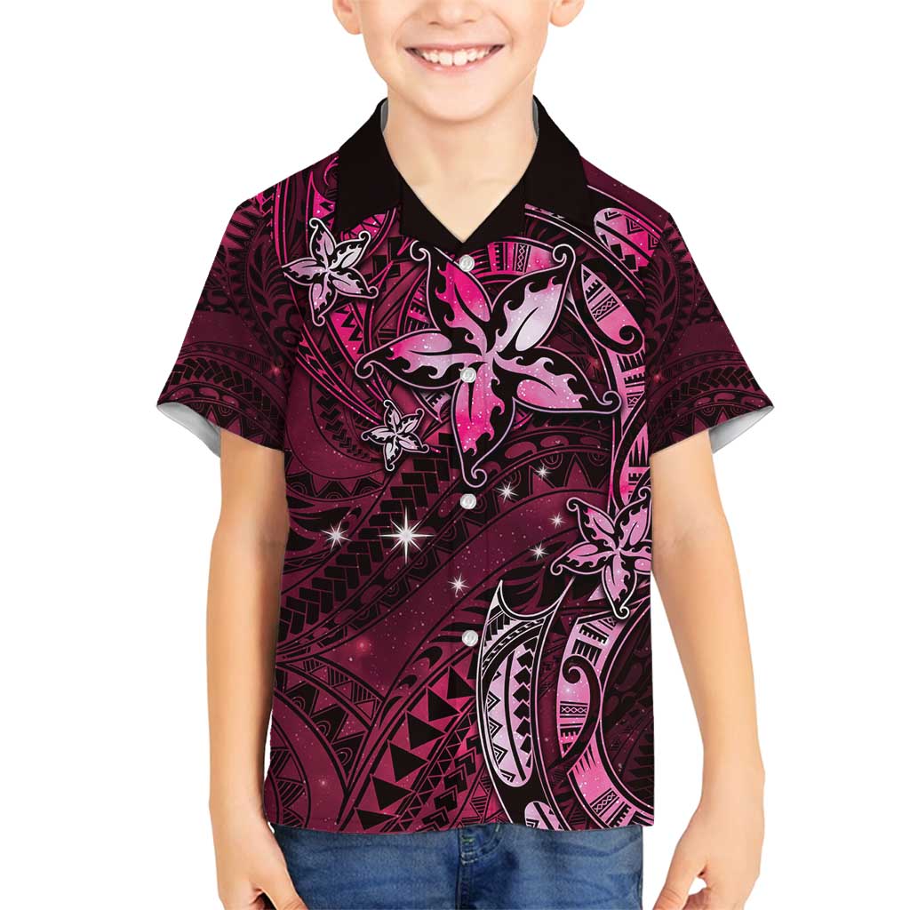 Hawaii Makahiki Season Family Matching Off Shoulder Maxi Dress and Hawaiian Shirt Floral Tribal Tattoo Pink Galaxy