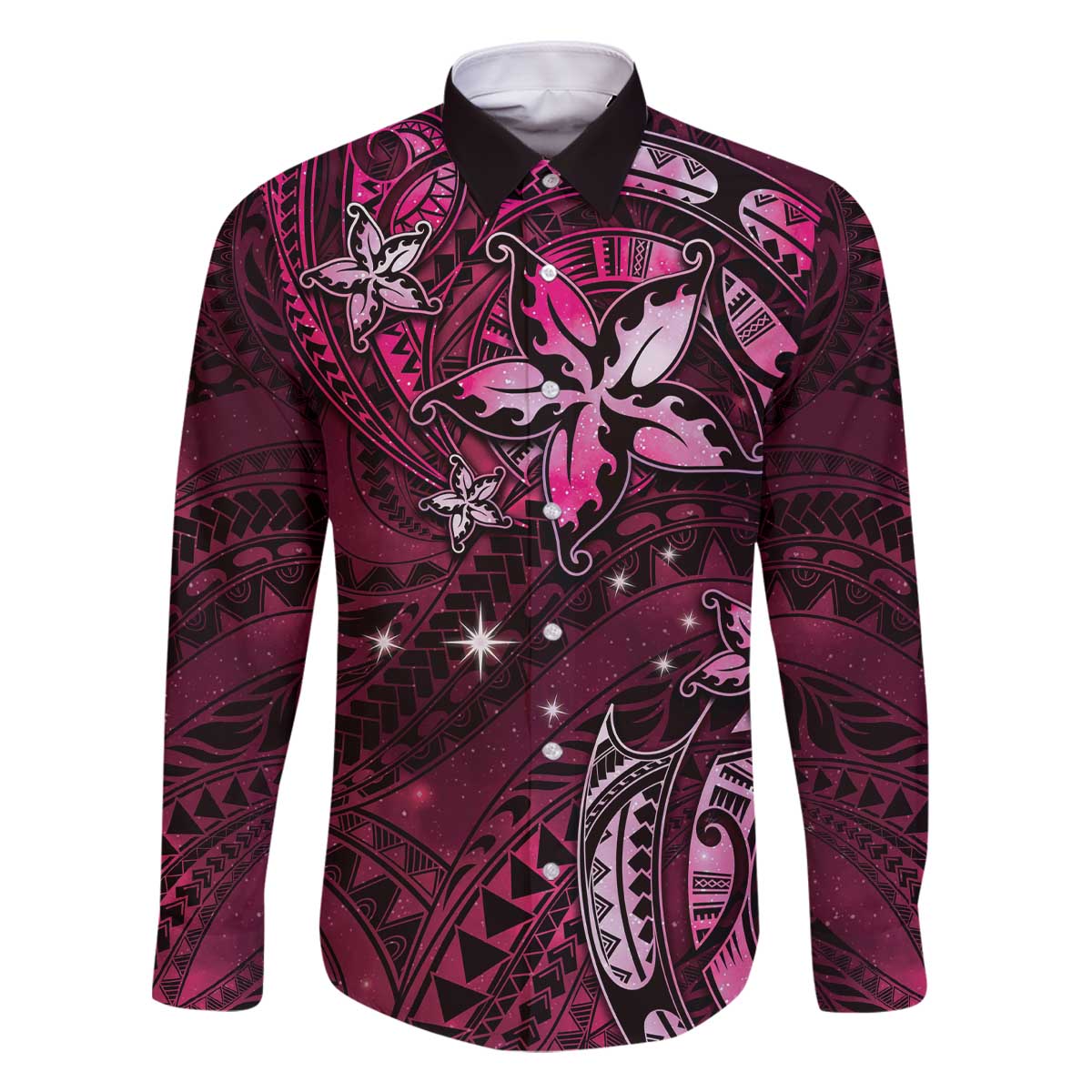 Hawaii Makahiki Season Family Matching Off Shoulder Short Dress and Hawaiian Shirt Floral Tribal Tattoo Pink Galaxy