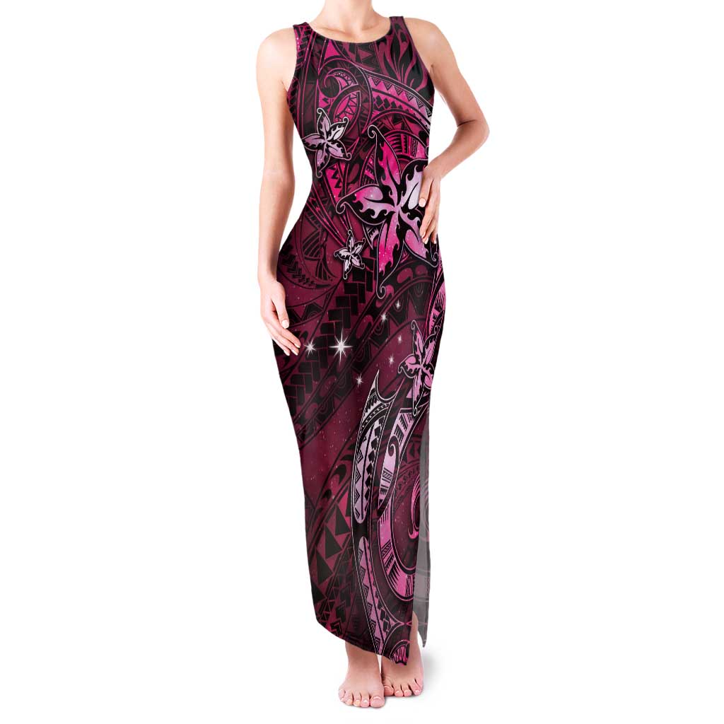 Hawaii Makahiki Season Family Matching Tank Maxi Dress and Hawaiian Shirt Floral Tribal Tattoo Pink Galaxy
