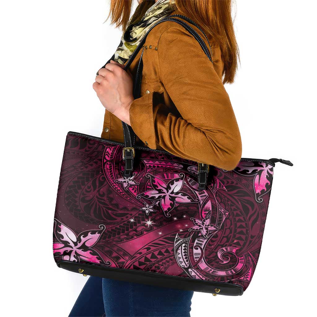 Hawaii Makahiki Season Leather Tote Bag Floral Tribal Tattoo Pink Galaxy