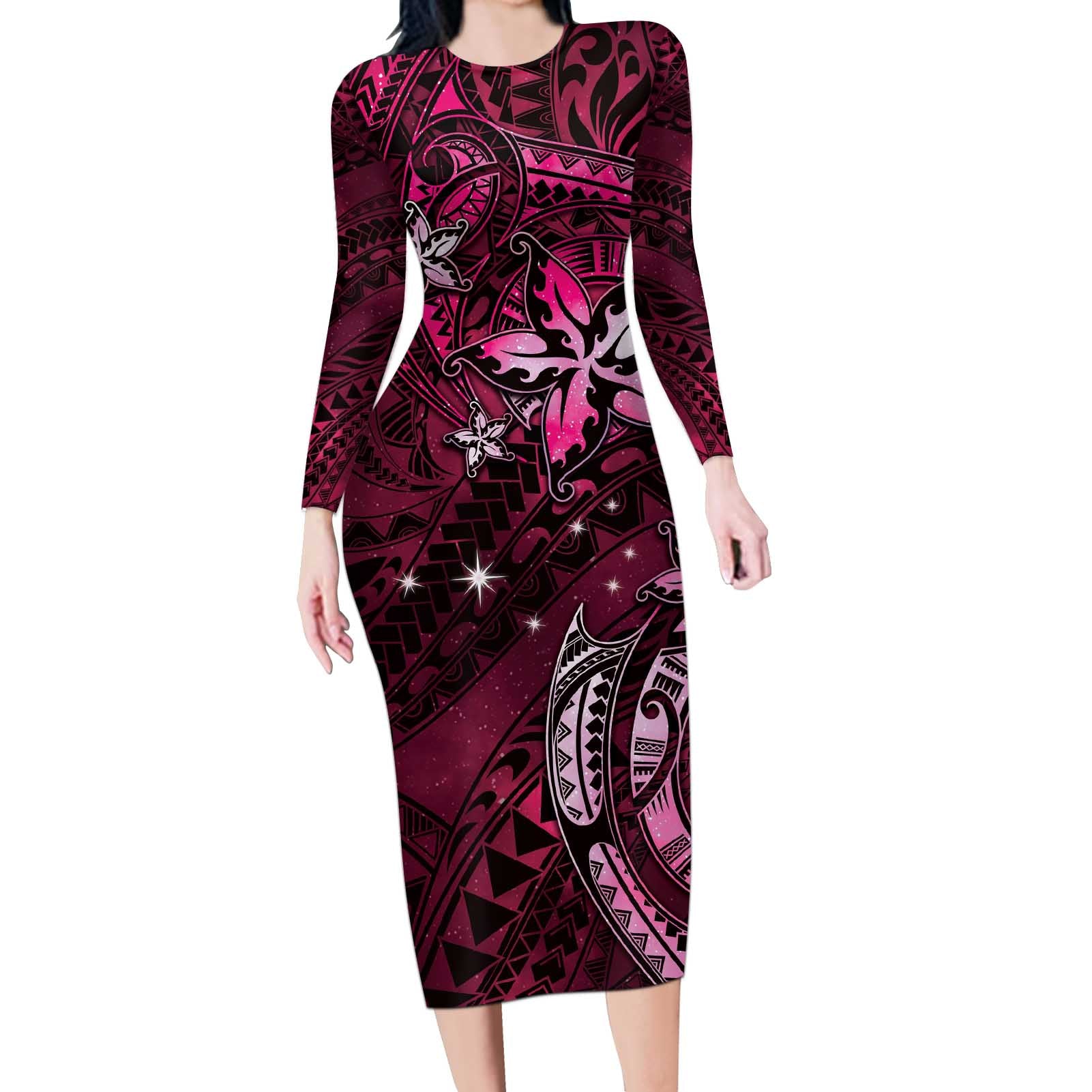 Hawaii Makahiki Season Long Sleeve Bodycon Dress Floral Tribal Tattoo Pink Galaxy