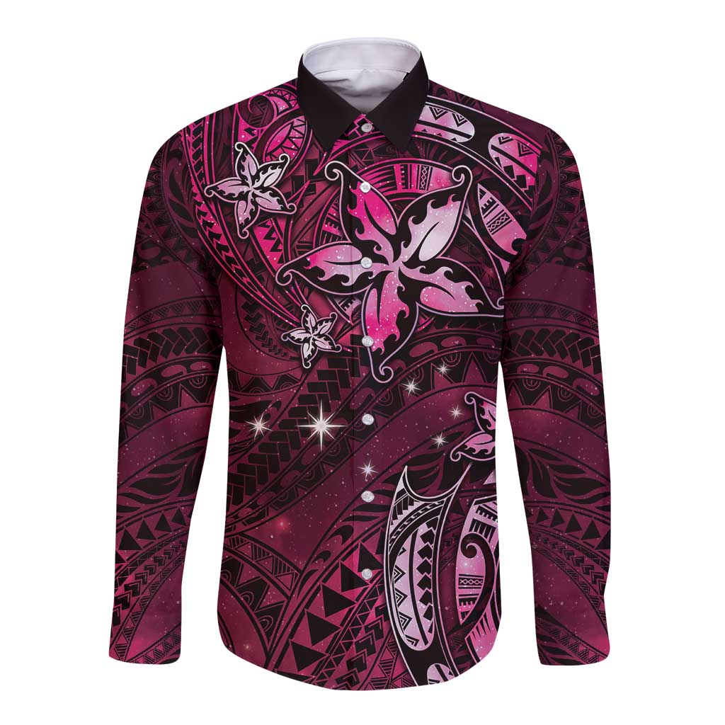 Hawaii Makahiki Season Long Sleeve Button Shirt Floral Tribal Tattoo Pink Galaxy