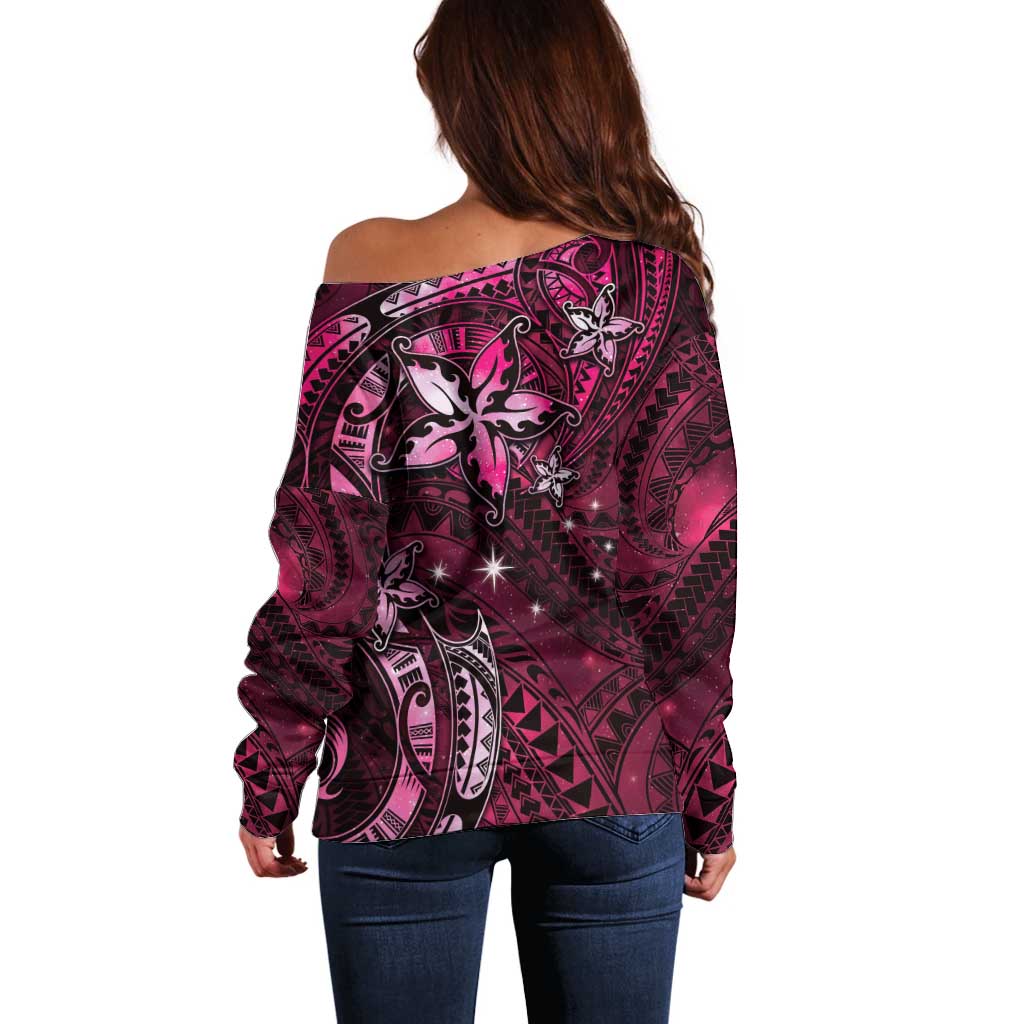 Hawaii Makahiki Season Off Shoulder Sweater Floral Tribal Tattoo Pink Galaxy