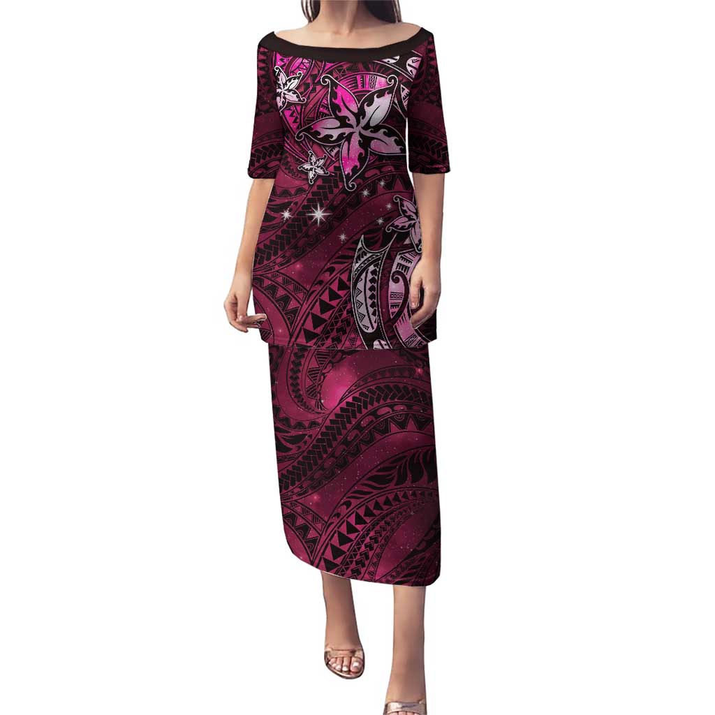 Hawaii Makahiki Season Puletasi Floral Tribal Tattoo Pink Galaxy LT05 Long Dress Pink - Polynesian Pride