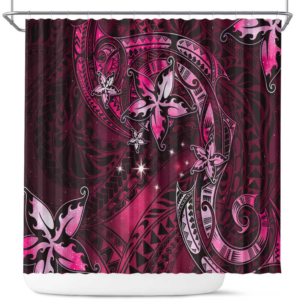 Hawaii Makahiki Season Shower Curtain Floral Tribal Tattoo Pink Galaxy