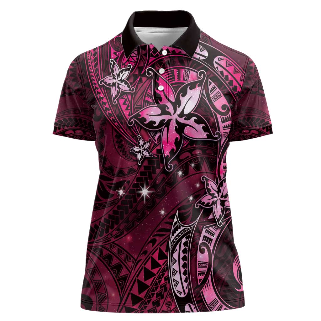 Hawaii Makahiki Season Women Polo Shirt Floral Tribal Tattoo Pink Galaxy