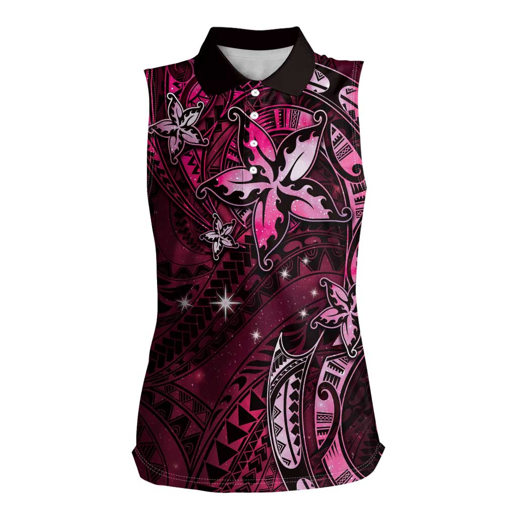 Hawaii Makahiki Season Women Sleeveless Polo Shirt Floral Tribal Tattoo Pink Galaxy