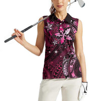 Hawaii Makahiki Season Women Sleeveless Polo Shirt Floral Tribal Tattoo Pink Galaxy