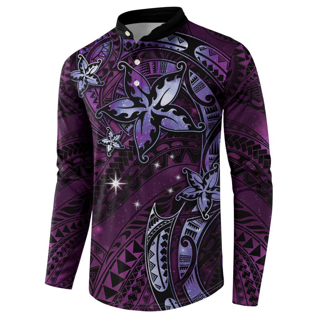 Hawaii Makahiki Season Button Sweatshirt Floral Tribal Tattoo Purple Galaxy LT05 - Polynesian Pride