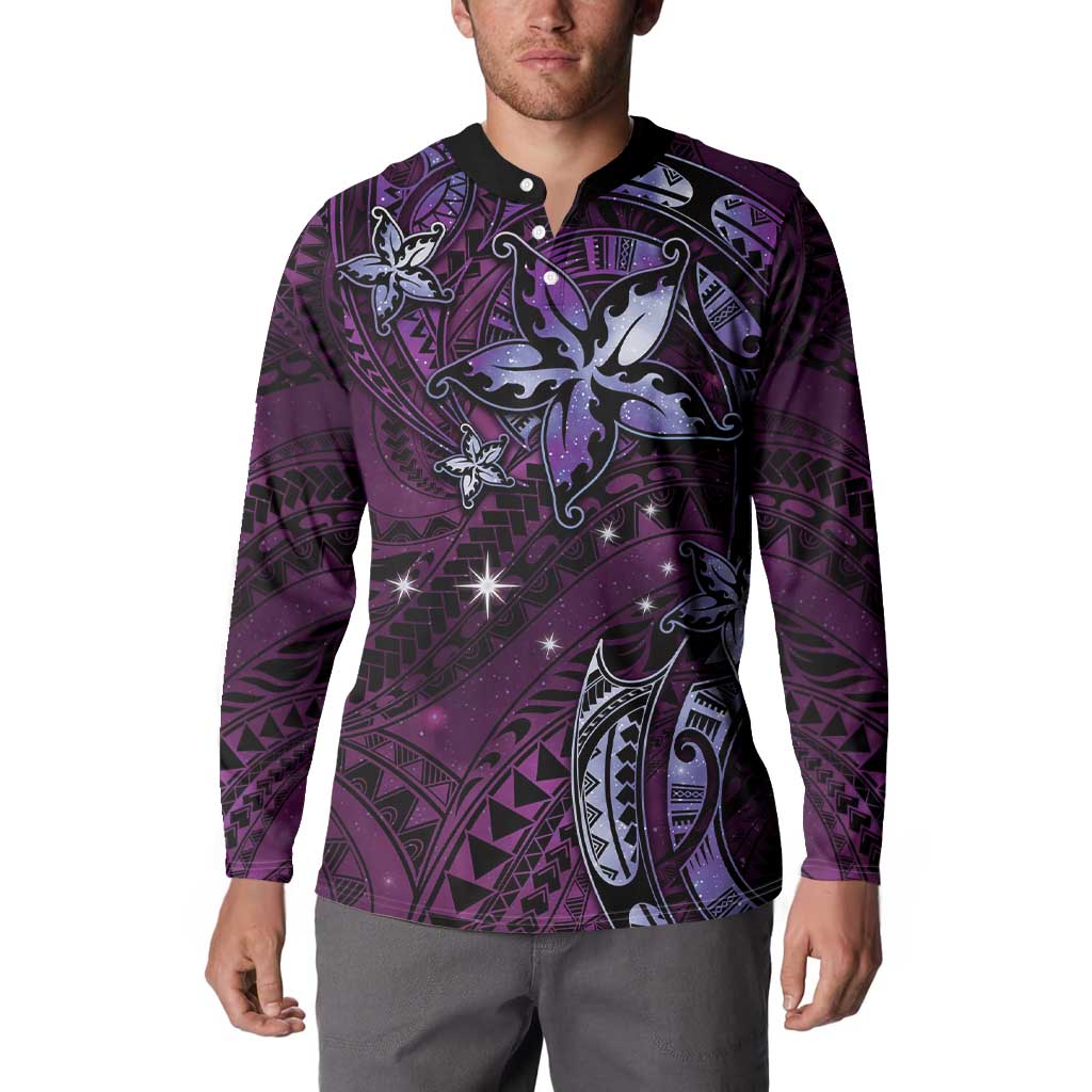 Hawaii Makahiki Season Button Sweatshirt Floral Tribal Tattoo Purple Galaxy LT05 - Polynesian Pride