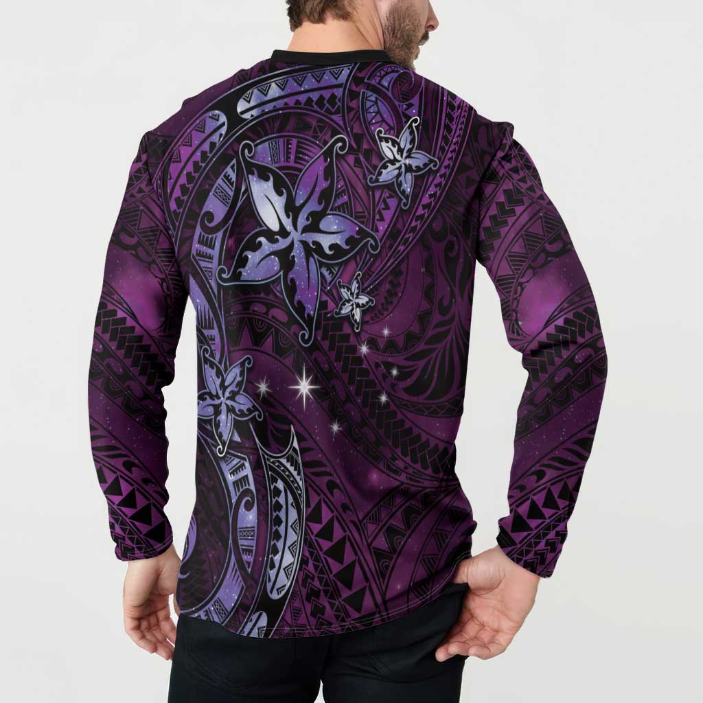 Hawaii Makahiki Season Button Sweatshirt Floral Tribal Tattoo Purple Galaxy LT05 - Polynesian Pride