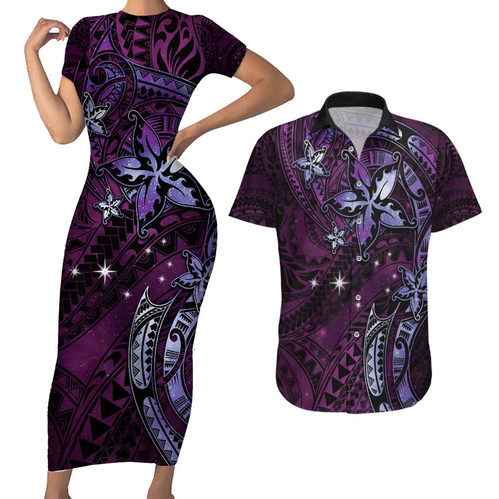 Hawaii Makahiki Season Couples Matching Short Sleeve Bodycon Dress and Hawaiian Shirt Floral Tribal Tattoo Purple Galaxy LT05 Purple - Polynesian Pride