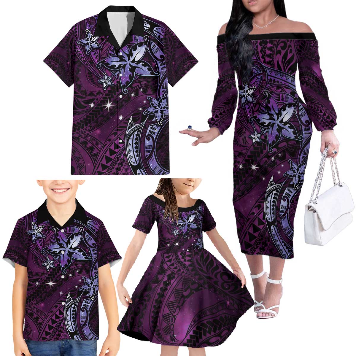 Hawaii Makahiki Season Family Matching Off The Shoulder Long Sleeve Dress and Hawaiian Shirt Floral Tribal Tattoo Purple Galaxy