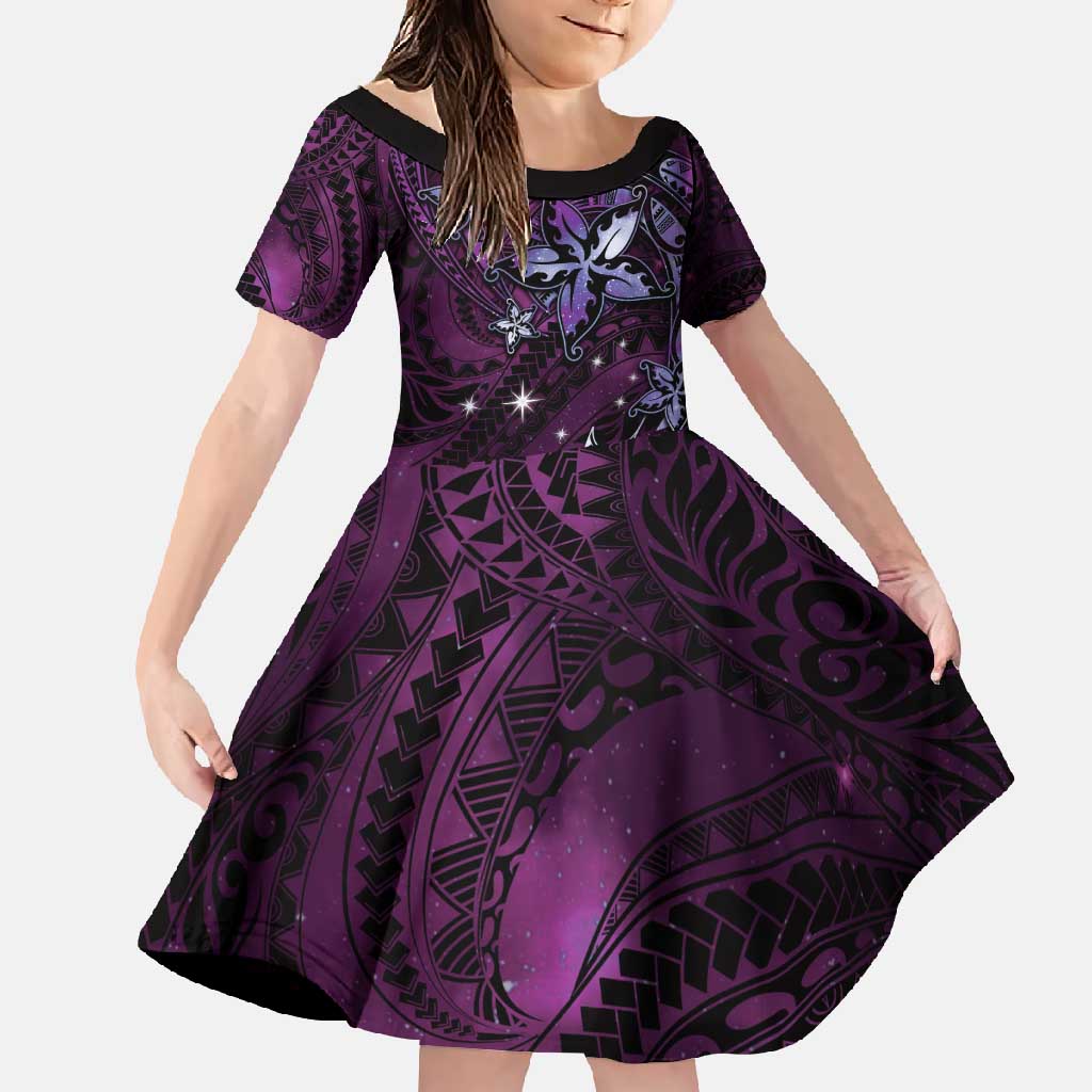 Hawaii Makahiki Season Family Matching Off Shoulder Maxi Dress and Hawaiian Shirt Floral Tribal Tattoo Purple Galaxy