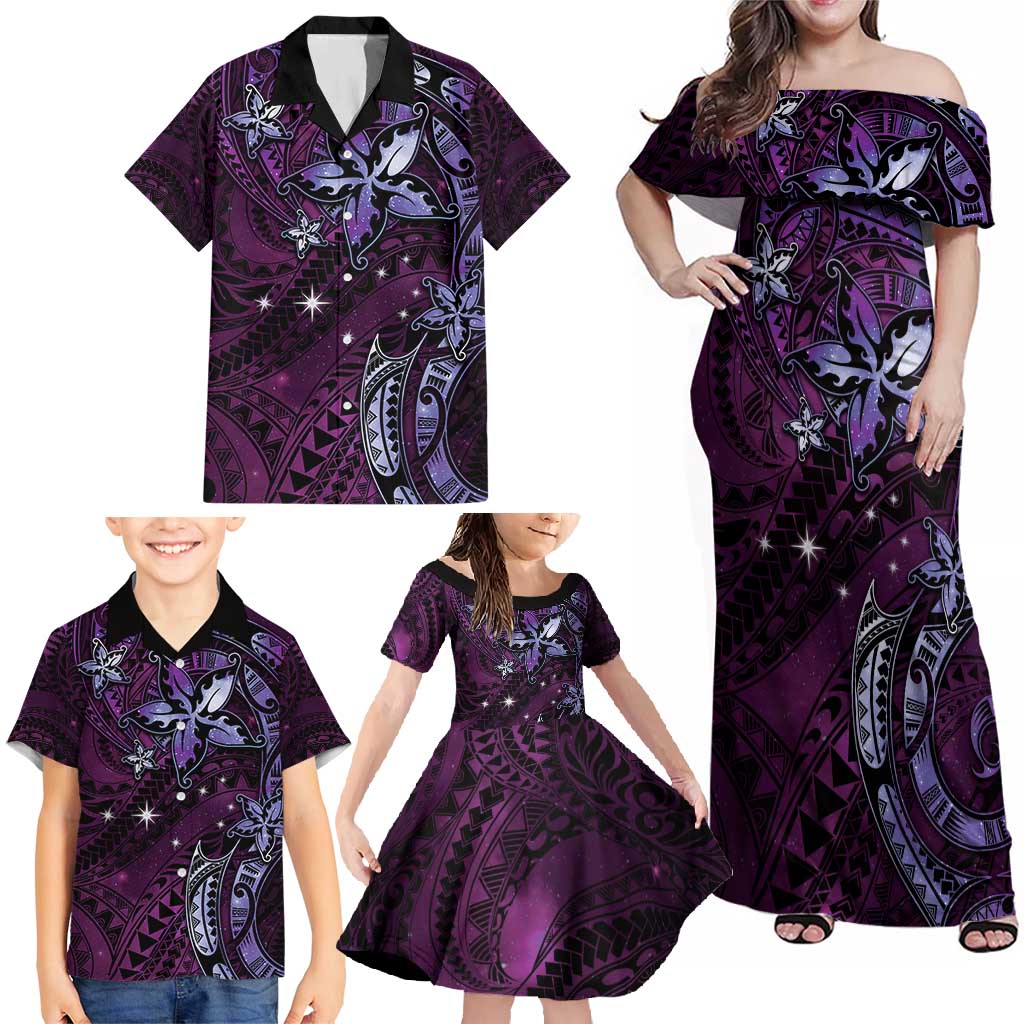 Hawaii Makahiki Season Family Matching Off Shoulder Maxi Dress and Hawaiian Shirt Floral Tribal Tattoo Purple Galaxy LT05 - Polynesian Pride
