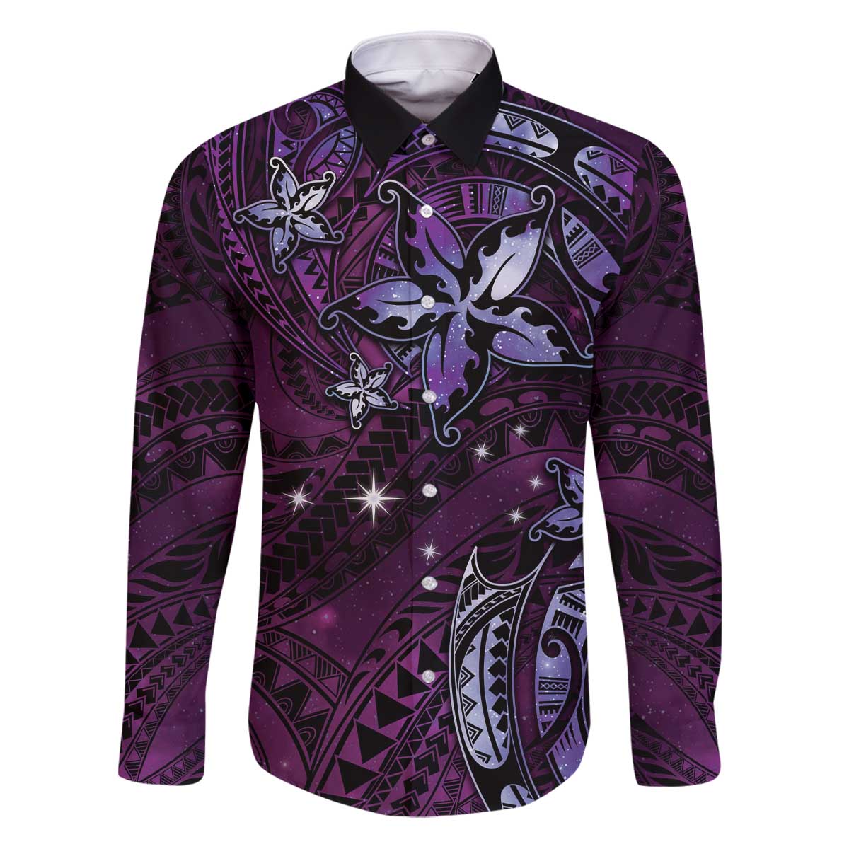 Hawaii Makahiki Season Family Matching Puletasi and Hawaiian Shirt Floral Tribal Tattoo Purple Galaxy