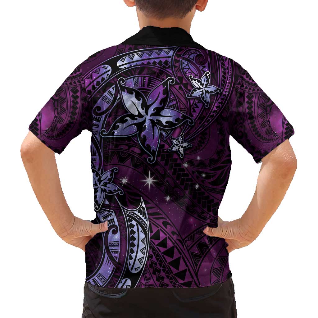 Hawaii Makahiki Season Family Matching Summer Maxi Dress and Hawaiian Shirt Floral Tribal Tattoo Purple Galaxy