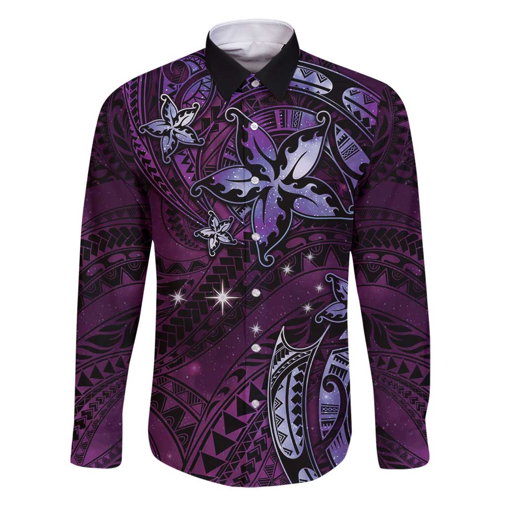 Hawaii Makahiki Season Family Matching Summer Maxi Dress and Hawaiian Shirt Floral Tribal Tattoo Purple Galaxy