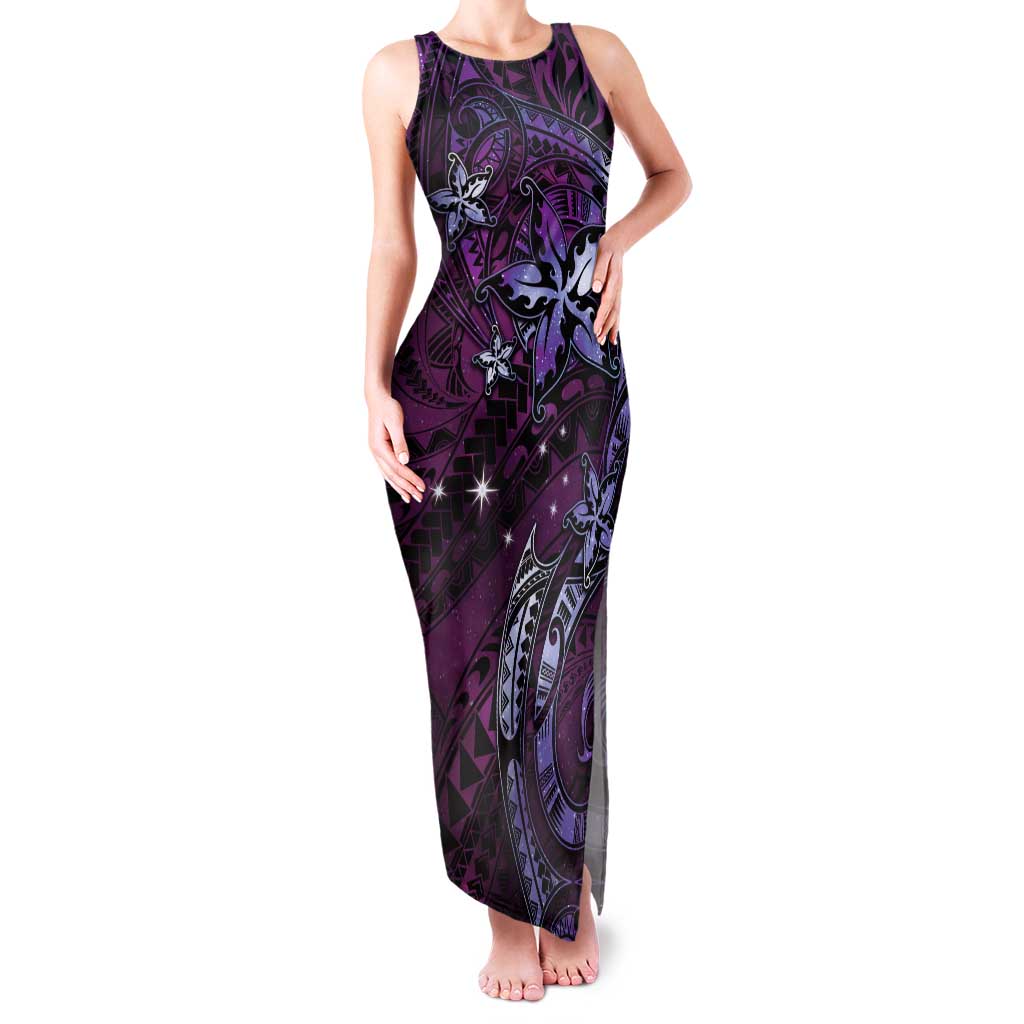 Hawaii Makahiki Season Family Matching Tank Maxi Dress and Hawaiian Shirt Floral Tribal Tattoo Purple Galaxy