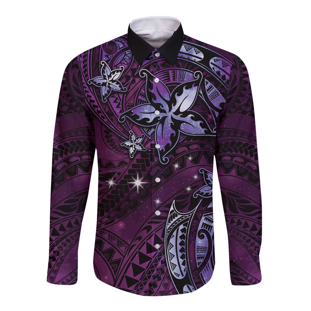 Hawaii Makahiki Season Long Sleeve Button Shirt Floral Tribal Tattoo Purple Galaxy