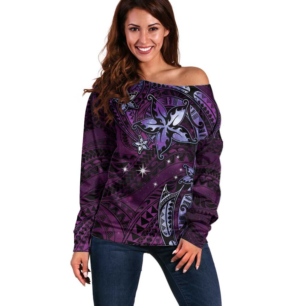 Hawaii Makahiki Season Off Shoulder Sweater Floral Tribal Tattoo Purple Galaxy