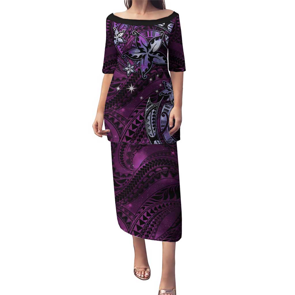 Hawaii Makahiki Season Puletasi Floral Tribal Tattoo Purple Galaxy LT05 Long Dress Purple - Polynesian Pride