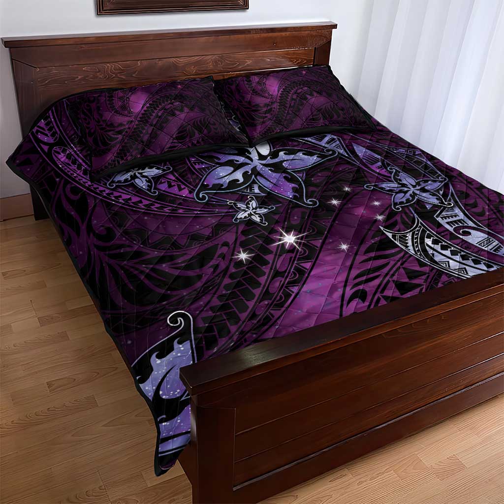 Hawaii Makahiki Season Quilt Bed Set Floral Tribal Tattoo Purple Galaxy